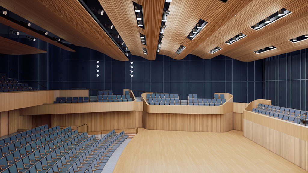 Architectural rendering of a large performance space with light wood floors and raised seating