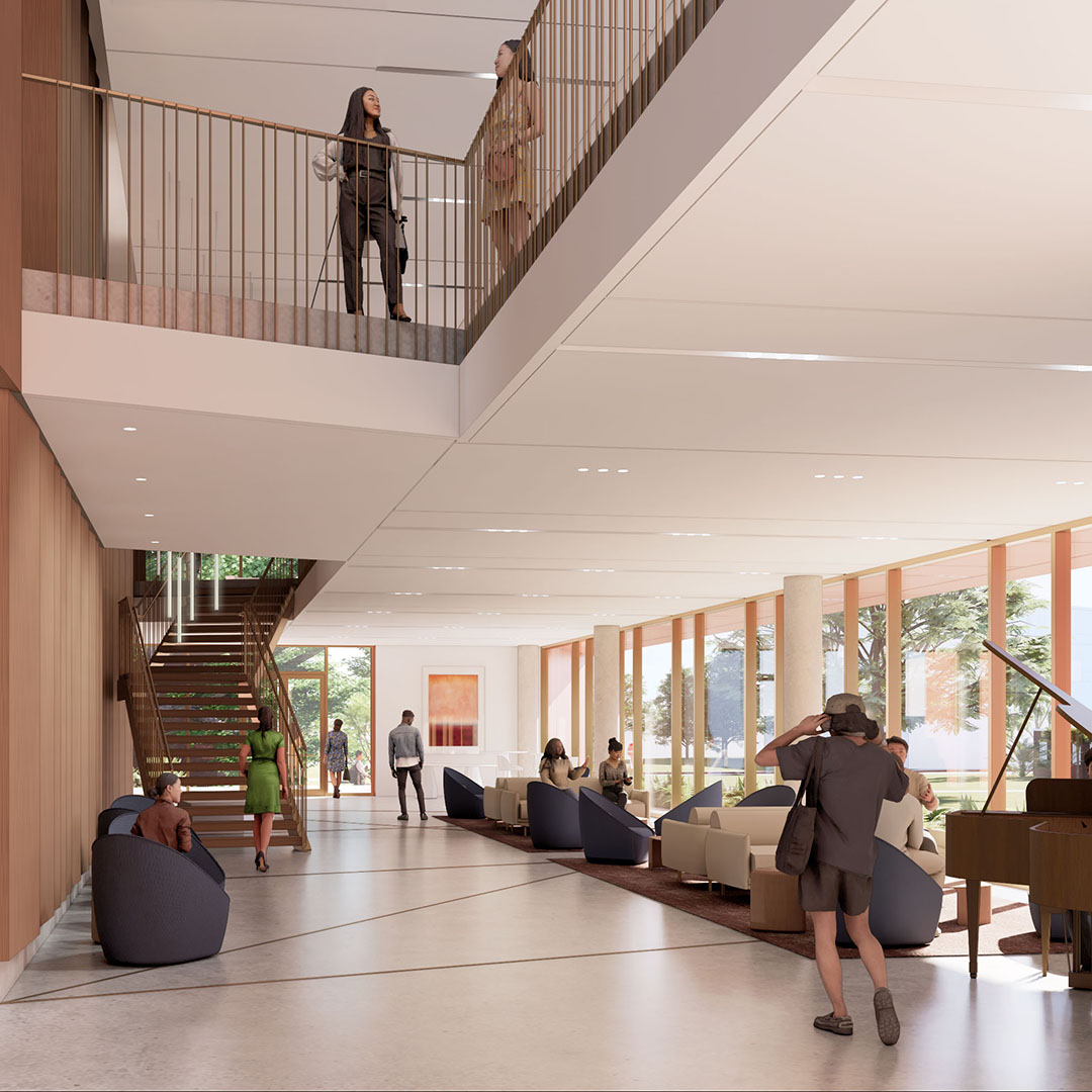 two story lobby with bright windows